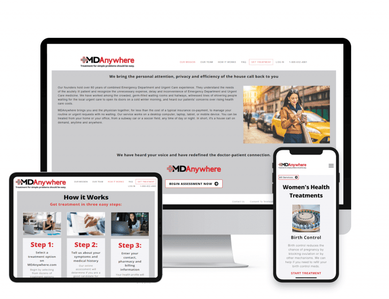 MDA 3 SCREEN 30% Image of desktop, tablet and phone screens being used for online medical treatment
